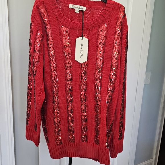 Vine & Love Sequin Cable Knit Red Sweater NWT Size Med - Picture 1 of 6